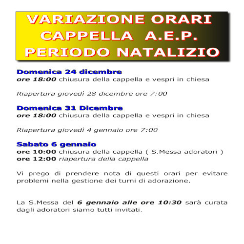 Orari Cappella periodo di Natale
